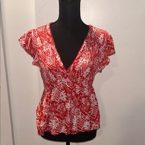 Angie Red and White Floral V-Neck Top